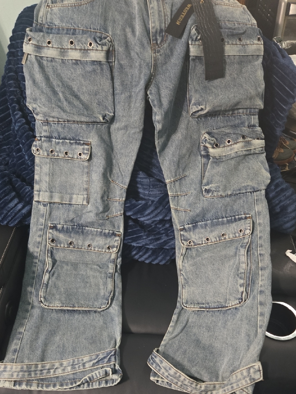 Utility Cargo Denim Pants in Light Blue with Grommet Detail